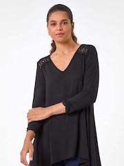 Roman Black Floral Print Crochet Tunic Stretch Top - Image 4 of 5