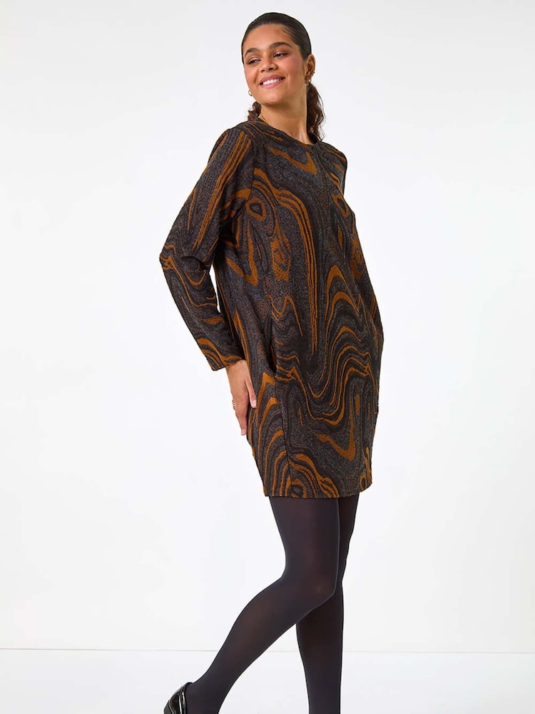 Roman Brown Textured Swirl Pattern Stretch Cocoon Dress - Image 2 of 5