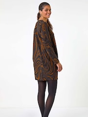 Roman Brown Textured Swirl Pattern Stretch Cocoon Dress - Image 3 of 5