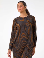 Roman Brown Textured Swirl Pattern Stretch Cocoon Dress - Image 4 of 5