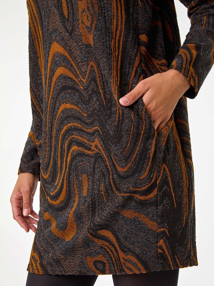 Roman Brown Textured Swirl Pattern Stretch Cocoon Dress - Image 5 of 5