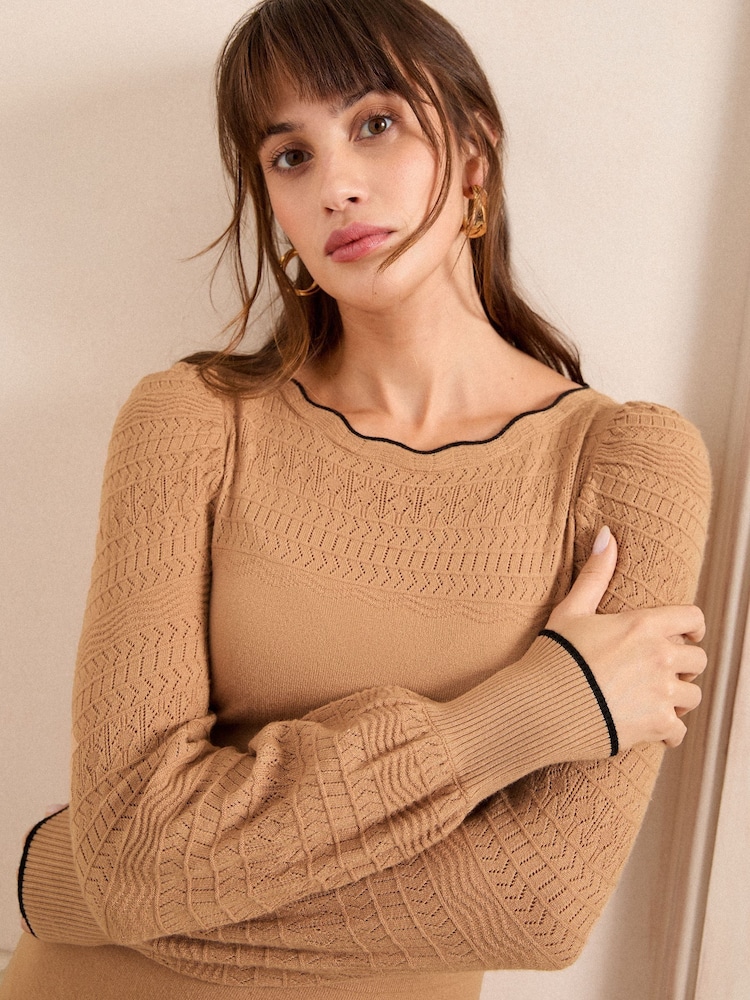 Love & Roses Camel Scallop Neck Knitted Pointelle Mini Dress - Image 2 of 4
