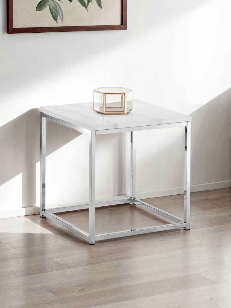 Julian Bowen White Marble Chrome Scala Marble Effect Top Lamp Table - Image 1 of 4 Julian Bowen White Marble Chrome Scala Marble Effect Top Lamp Table - Image 1 of 4