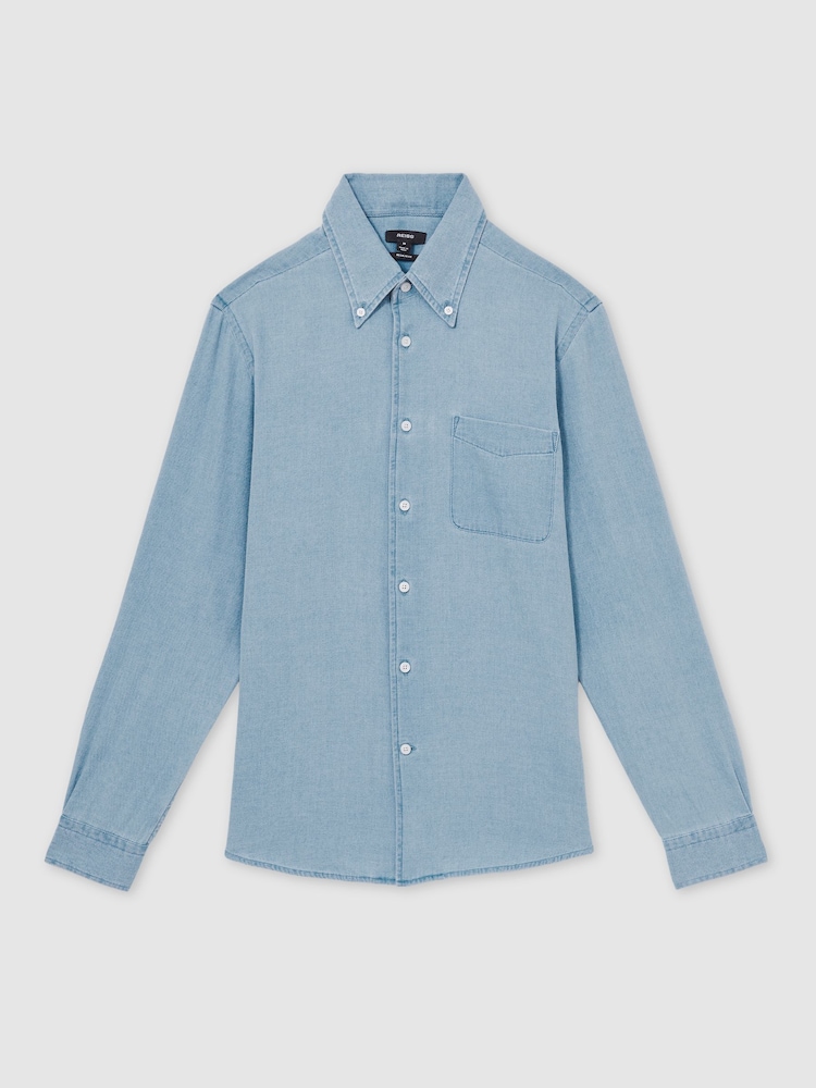 Reiss Washed Blue Minoa Cotton-Piqué Button-Down Chambray Shirt - Image 2 of 7