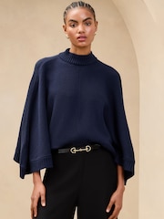 Lipsy Navy Knitted Cape Batwing High Neck Jumper - Image 1 of 4