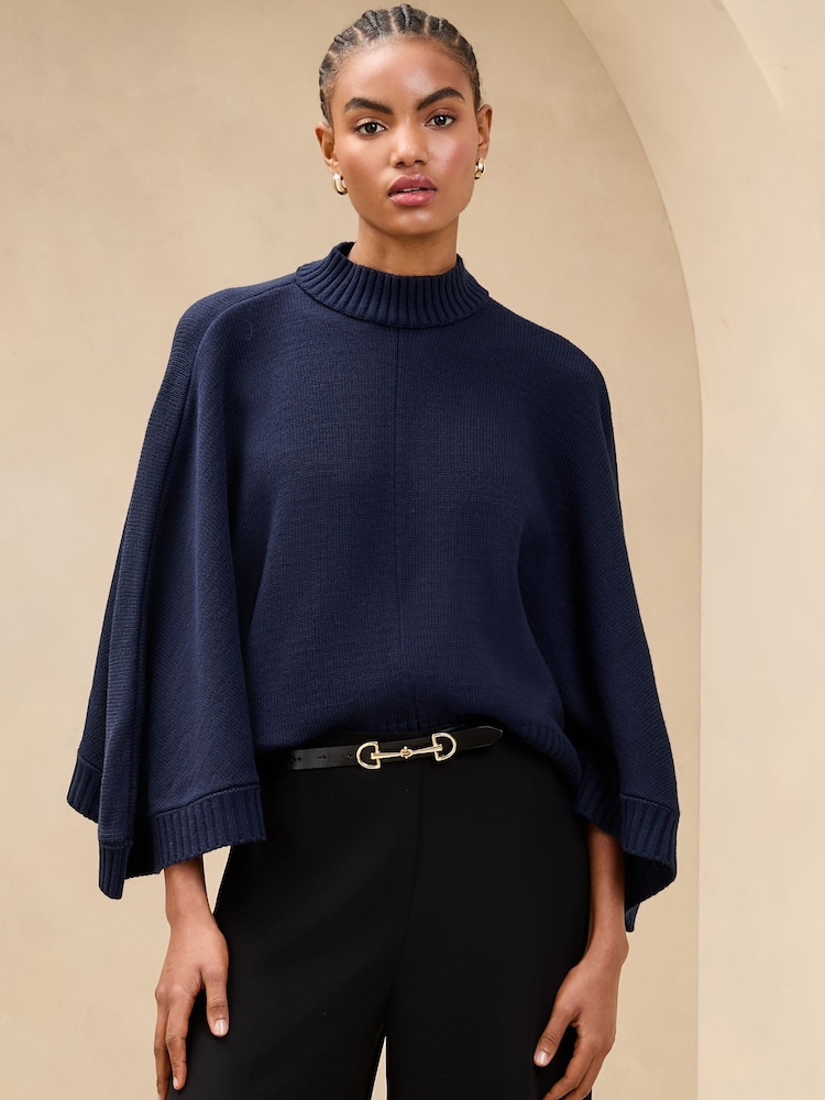 Lipsy Navy Knitted Cape Batwing High Neck Jumper - Image 1 of 4