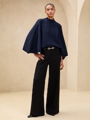 Lipsy Navy Knitted Cape Batwing High Neck Jumper - Image 2 of 4