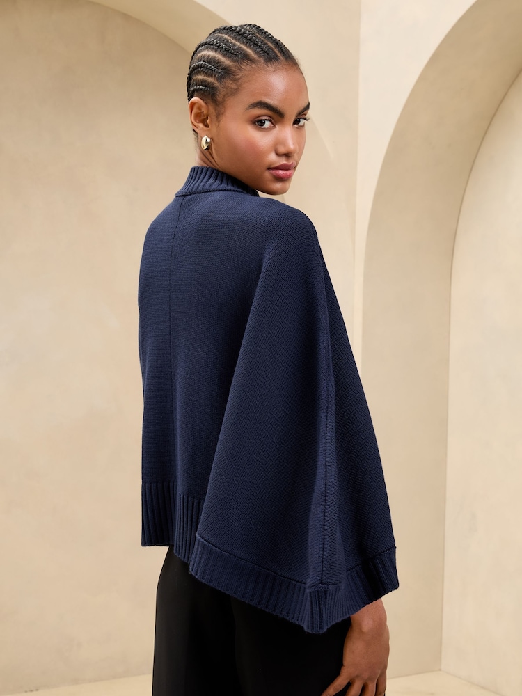 Lipsy Navy Knitted Cape Batwing High Neck Jumper - Image 4 of 4