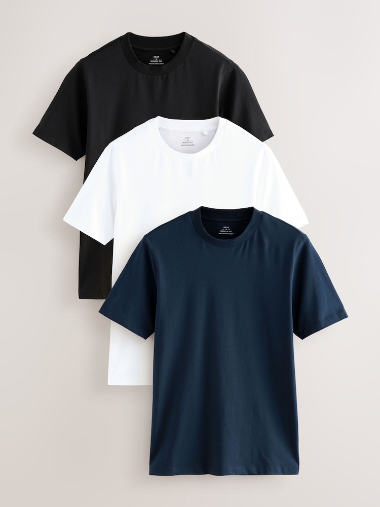 Navy Blue/White/Black - Muscle Fit Essential T-Shirts 3 Pack - Image 1 of 12 Navy Blue/White/Black - Muscle Fit Essential T-Shirts 3 Pack - Image 1 of 12