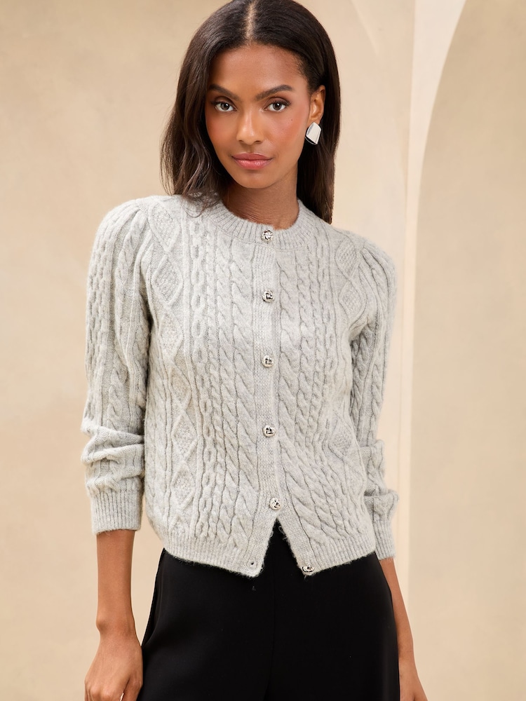 Lipsy Grey Buttoned Crew Neck Knit Cardigan - Image 1 of 4