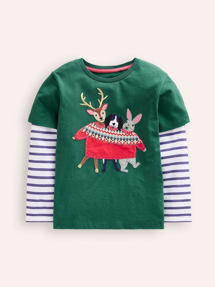 Boden Green Christmas Festive Applique Mock Sleeve 100% Cotton T-Shirt - Image 1 of 3