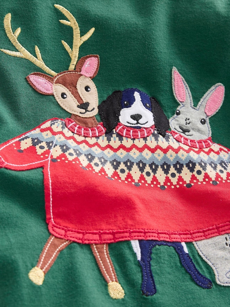 Boden Green Christmas Festive Applique Mock Sleeve 100% Cotton T-Shirt - Image 3 of 3
