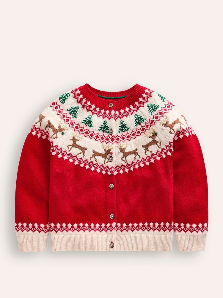 Boden Red Edie Reindeer Festive Fair Isle Pattern Cardigan - Image 1 of 3 Boden Red Edie Reindeer Festive Fair Isle Pattern Cardigan - Image 1 of 3