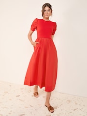 Friends Like These Red Cotton Mix Ruched Sleeve Midi Dress - Image 1 of 5