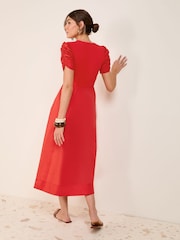 Friends Like These Red Cotton Mix Ruched Sleeve Midi Dress - Image 3 of 5