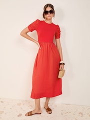 Friends Like These Red Cotton Mix Ruched Sleeve Midi Dress - Image 5 of 5