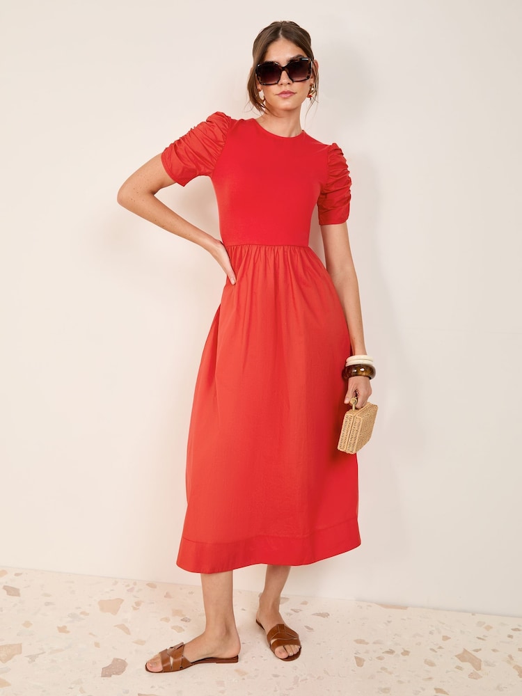 Friends Like These Red Cotton Mix Ruched Sleeve Midi Dress - Image 5 of 5