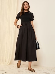 Friends Like These Black Cotton Mix Ruched Sleeve Midi Dress - Image 1 of 4