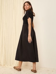Friends Like These Black Cotton Mix Ruched Sleeve Midi Dress - Image 4 of 4