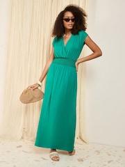 Friends Like These Green Wrap V-Neck Shirred Waist Maxi Dress - Image 1 of 4