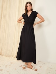 Friends Like These Black Wrap V-Neck Shirred Waist Maxi Dress - Image 1 of 5