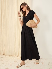 Friends Like These Black Wrap V-Neck Shirred Waist Maxi Dress - Image 3 of 5