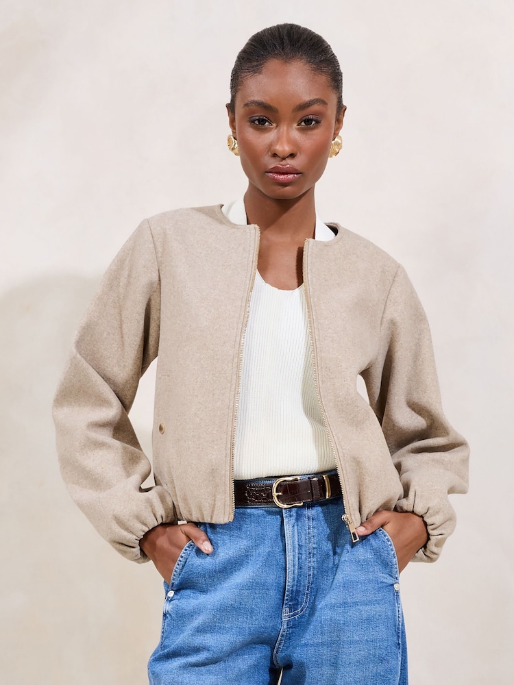 Lipsy Neutral Wool Look Bubble Hem Bomber Jacket - Image 3 of 5