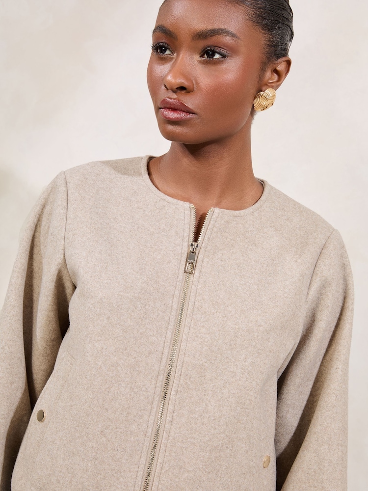 Lipsy Neutral Wool Look Bubble Hem Bomber Jacket - Image 4 of 5