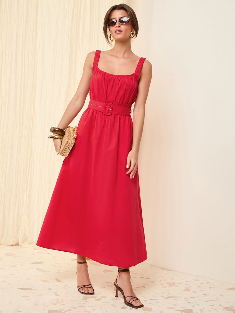 Friends Like These Red Ruched Strappy 100% Cotton Belted Midi Dress - Image 1 of 4