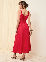 Friends Like These Red Ruched Strappy 100% Cotton Belted Midi Dress - Image 3 of 4