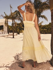Friends Like These Lemon Yellow Millie Mackintosh Crinkle Lace Trim Tiered Midi Sun Dress - Image 4 of 5