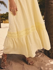 Friends Like These Lemon Yellow Millie Mackintosh Crinkle Lace Trim Tiered Midi Sun Dress - Image 5 of 5