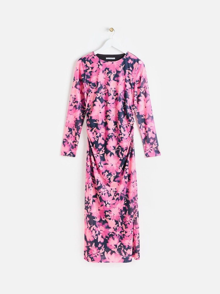 Oliver Bonas Pink Floral Print Ruched Midi Dress - Image 1 of 6