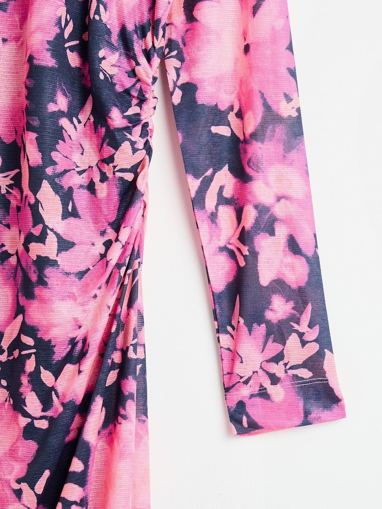 Oliver Bonas Pink Floral Print Ruched Midi Dress - Image 6 of 6
