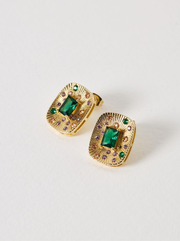 Oliver Bonas Green Ardella Rectangular Etched Detail Stone Inlay Stud Earrings - Image 1 of 4