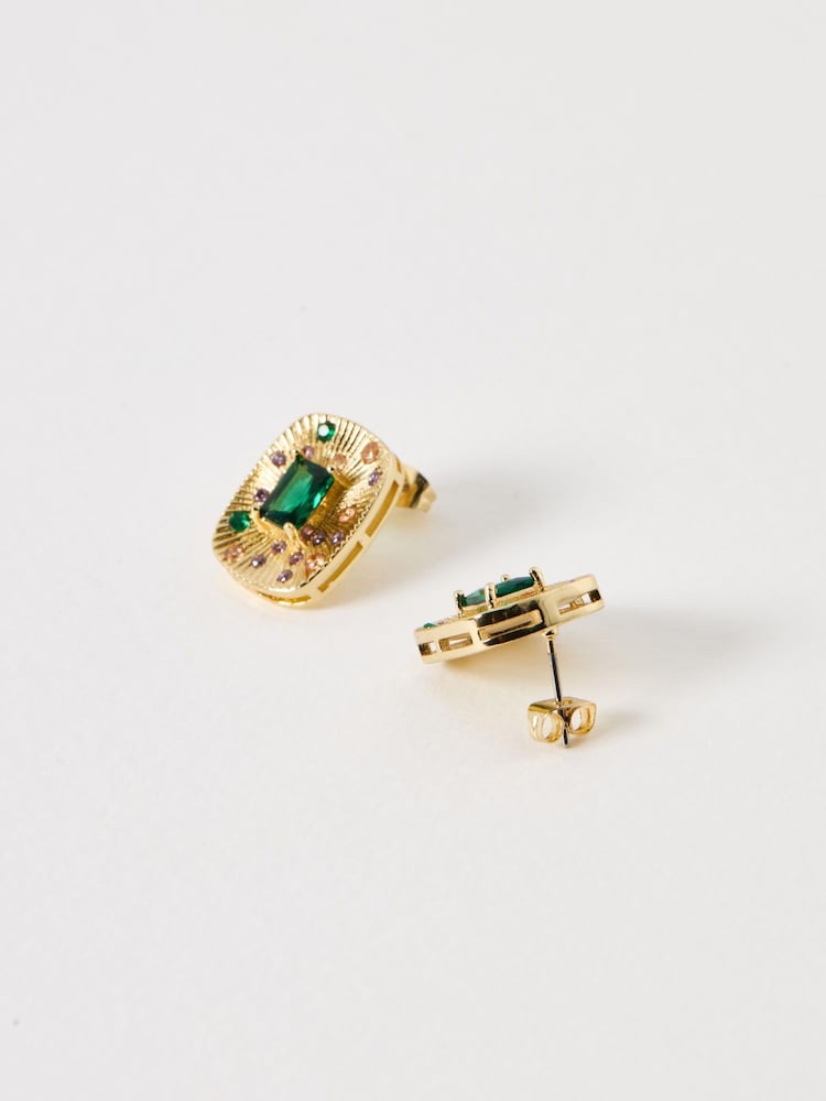 Oliver Bonas Green Ardella Rectangular Etched Detail Stone Inlay Stud Earrings - Image 2 of 4