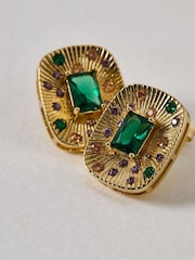 Oliver Bonas Green Ardella Rectangular Etched Detail Stone Inlay Stud Earrings - Image 4 of 4