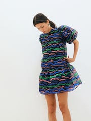 Oliver Bonas Black Pattern Organza Mini Dress - Image 1 of 8