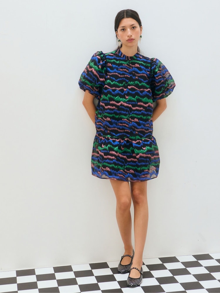Oliver Bonas Black Pattern Organza Mini Dress - Image 3 of 8