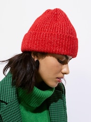 Oliver Bonas Red Ribbed Knitted Beanie Hat - Image 5 of 5