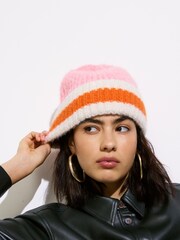 Oliver Bonas Pink Stripe Knitted Beanie Hat - Image 5 of 5