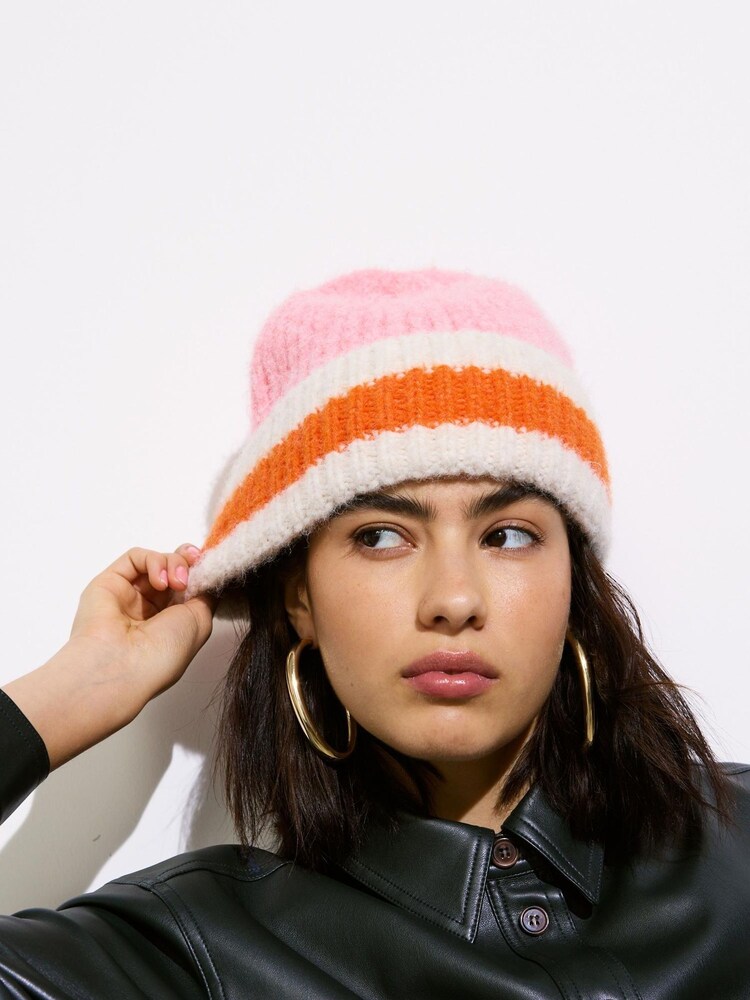 Oliver Bonas Pink Stripe Knitted Beanie Hat - Image 5 of 5