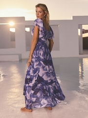 Friends Like These Purple Floral Petite Millie Mackintosh Chiffon Frill Maxi Dress - Image 4 of 4