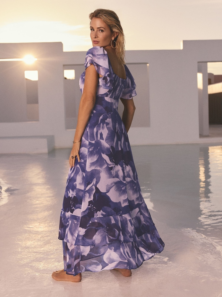 Friends Like These Purple Floral Petite Millie Mackintosh Chiffon Frill Maxi Dress - Image 4 of 4