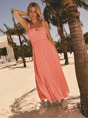 Friends Like These Peach Pink Petite Millie Mackintosh Crinkle Lace Trim Tiered Midi Sun Dress - Image 1 of 4