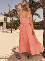 Friends Like These Peach Pink Petite Millie Mackintosh Crinkle Lace Trim Tiered Midi Sun Dress - Image 4 of 4