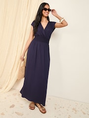 Friends Like These Navy Petite Wrap V-Neck Shirred Waist Maxi Dress - Image 1 of 4