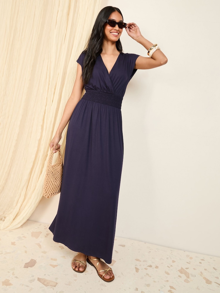 Friends Like These Navy Petite Wrap V-Neck Shirred Waist Maxi Dress - Image 1 of 4