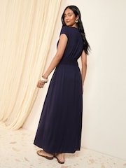 Friends Like These Navy Petite Wrap V-Neck Shirred Waist Maxi Dress - Image 4 of 4