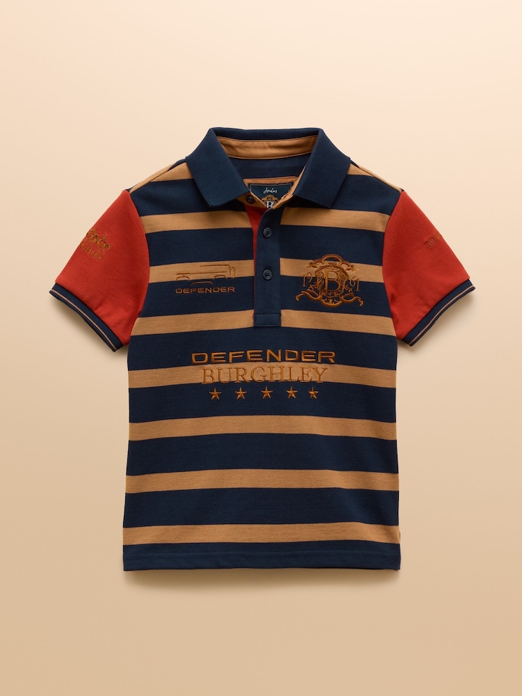 Joules Official Burghley Orange Stripe Kids Pique Polo Shirt - Image 1 of 4